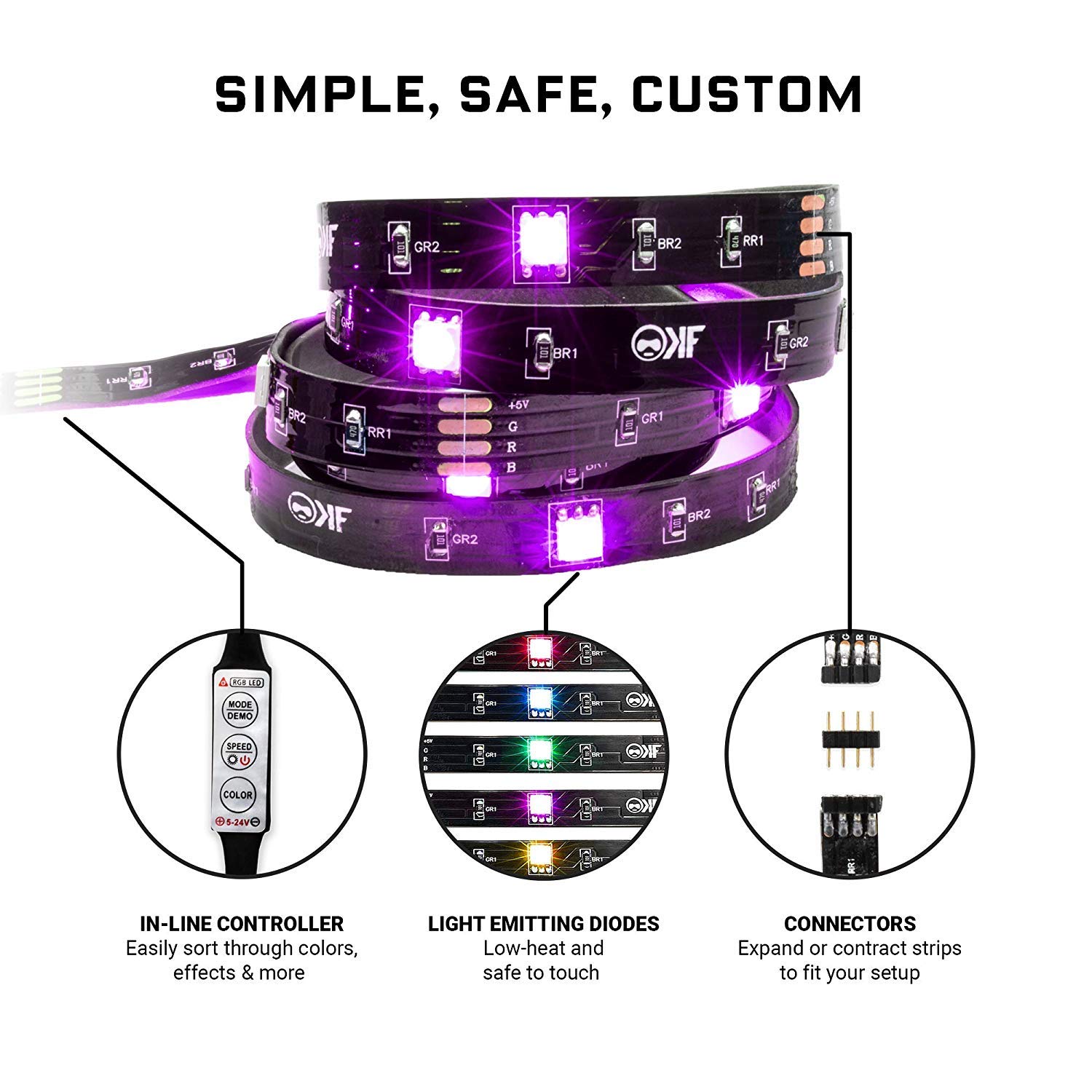 KontrolFreek Gaming Lights: LED Strip Lights, USB Powered with Controller, 3M Adhesive for TV, Console, PC, Wall (9 ft) - Image 4